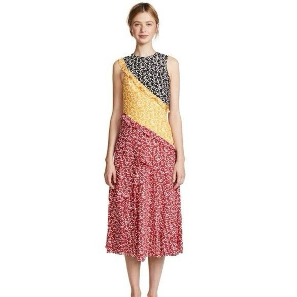 SALONI Agnes Knot Print Silk Crepe De Chine Dress Colorblock Ruffle Midi Size 8